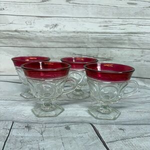 4 Indiana Glass Lexington Punch Cup Glass Ruby Red Flash Thumb Print Vintage MCM